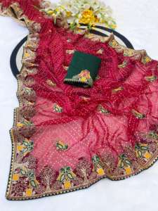 ผ้าส่าหรีผ้าไหมสำหรับผู้หญิงผ้าคอตตอนปักด้ายแฟนซีดีไซน์เนอร์ผลิตในอินเดีย - Product Image 4