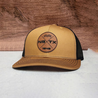 Sombrero de conductor de camión de alta calidad, gorra de lona barata al por mayor, Parche de cuero personalizado con logotipo, malla trasera a presión, rendimiento informal medio