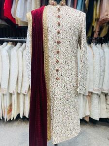 LATEST & BEAUTIFUL EMBROIDERY on GROOM SHERWANI,<b>PANT</b> WITH STOLE WITH EMBELLISHED CRYSTAL GLASS BEADS,DABKA WORK for WEDDING=2024 - Product Image 2