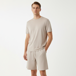 OEM Mens Summer Lightweight Cotton Nylon Knit T Shirt Knit Shorts Knit Set Sport Solid Knit Sweater - Product Image 1