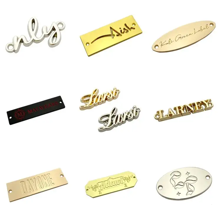Etiquetas metálicas de imitación de oro para ropa, logo personalizado, venta al por mayor
