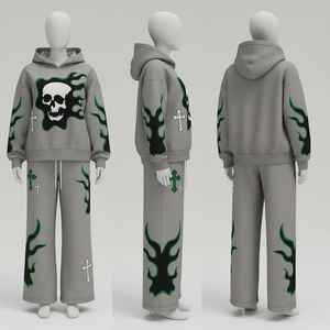 Conjuntos de chándal personalizados para fabricantes, con lavado ácido, serigrafía, efecto desgastado por el sol, pedrería, estilo streetwear, sudadera con capucha y pantalones acampanados holgados - Product Image 4