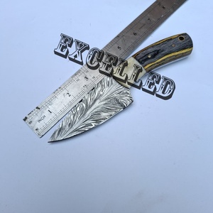 Cuchillo de Caza y Camping de Acero de Damasco con Patrón de Plumas Hecho a Mano, Hoja Fija con Mango de Hueso y Madera Pakka - Product Image 5