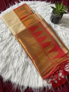 Sari de Seda Tussar Suave para Festivales con Tejido Zari y Atractivo Diseño de Templo, Fabricante de Moda Femenina en Venta - Product Image 2