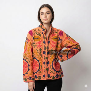 Wholesale Blue Floral Embroidered Cotton Knitted <b>Velvet</b> Eco-Friendly <b>Jacket</b> for <b>Women</b> Handmade Suzani Ethnic Winter Coat - Product Image 4