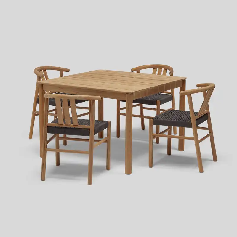 Mesa cuadrada con 4 sillas de madera de teca de ratán estilo patio muebles de comedor al aire libre restaurante Hotel al por mayor