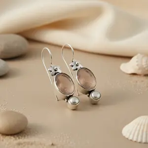 Pendientes de Plata 925 con Piedra Lunar y Perla para Mujer, Regalo - Product Image 1