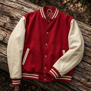 Custom <b>Red</b> Cream Leather Sleeve Jacket Vintage Bomber Letterman Streetwear Jacket OEM ODM Private Label Manufacturer USA - Product Image 1