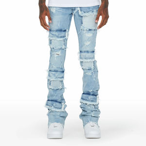 Vaqueros rasgados desgastados de lavado Vintage de alta calidad para hombre, pantalones vaqueros largos ajustados azul cielo, pantalones vaqueros rectos, pantalones informales para hombre - Product Image 3