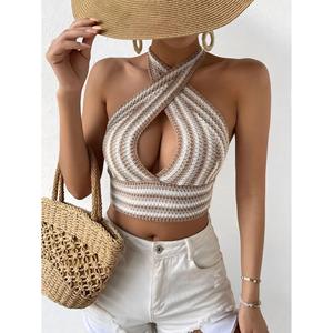 Women's Striped Cross-Front Halter Knit Top-Casual <b>Sweet</b> Print Spring Top - Product Image 4