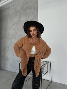 Chaqueta de felpa con solapa informal suelta Cordero Fleece Single manga larga Breasted Mujeres Camisa larga Otoño Invierno Negro - Product Image 6