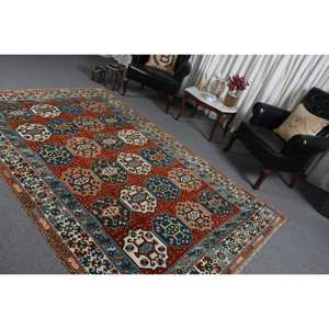 Vintage Turkish Wool <b>Rug</b> Red Blue Oversized <b>Boho</b> Area <b>Rug</b> 59 X 92 ft Patchwork Pattern Rectangle Hallway 10mm Thickness Latex - Product Image 4