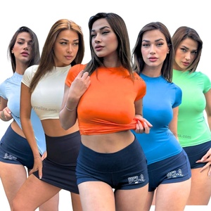 เสื้อยืดครอปสีกรมท่าเข้มทรงสลิมฟิตผ้าฝ้ายตุรกีพิมพ์โลโก้ส่วนตัวเหมาะสำหรับใช้ในชีวิตประจำวันและยิมขายส่ง - Product Image 6