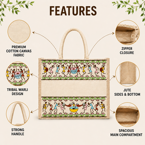 Sac fourre-tout en coton et jute brodé Warli beige Tribal Beats, 12 x 10 x 4 pouces, avec fermeture éclair, réutilisable, emballage cadeau personnalisé - Product Image 3