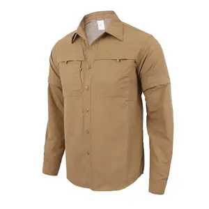 Turn Down Collar Safari Style Camisas Caqui 100% Algodón Manga corta Tactical Cargo Camisas para hombres