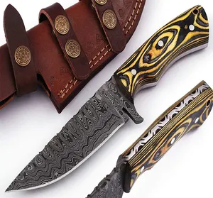 Gelb Schwarz Holzgriff Benutzer definierte Größe Hand gefertigtes Damast stahl Messer mit fester Klinge und Ledersc heide Skinner Messer