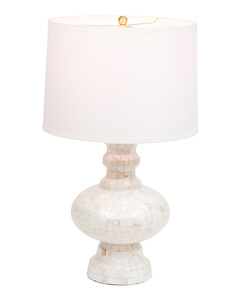 White Mother-of-Pearl Inlay Table Lamp with Fabric Drum Shade, Mid-century Design for Bedroom Decorative <b>Lighting</b> - Product Image 2