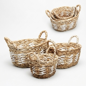 Juego de Cestas de Almacenamiento de Jacinto de Agua Natural, Diseño Ovalado con Patrón Blanco, Organizador de Mesa, Decoración, Diseño Artístico Puro - Product Image 2