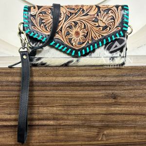 Sac à main bandoulière et pochette élégant de style occidental, fait main, en cuir de vachette floral brodé, accessoire tendance bohème - Product Image 1