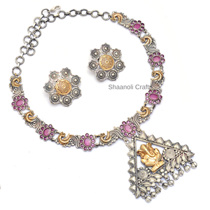 ชุดสร้อยคอสองสีแบบอินเดียดีไซน์ใหม่ชุดเครื่องประดับเงินออกซิไดซ์สำหรับผู้หญิงและเด็กผู้หญิงสำหรับงานแต่งงานงานปาร์ตี้สร้อยคอ - Product Image 4