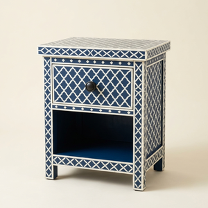 Table de chevet haut de gamme bleu marine avec incrustations en os, 1 tiroir, étagère ouverte, treillis marocain, meuble de chambre fait main, table de chevet - Product Image 1