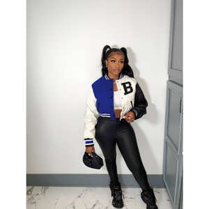 Custom Women Cropped <b>Varsity</b> <b>Jacket</b> Plaid Pattern Genuine Leather College Style Streetwear <b>Black</b> <b>Red</b> Blue White Design - Product Image 2