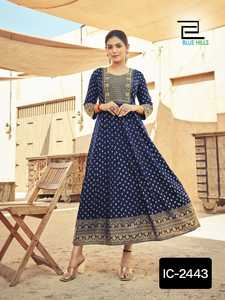 Dernières femmes portent Readymade Rayon Kurtis avec impression et belle broderie travail Anarkali Style Kurtis Collections pour femmes - Product Image 4