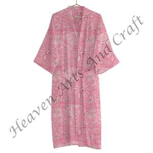 Beau Kimono en coton à fleurs Bloc à la main Imprimé Robe longue Kimono pour femmes Robe de chambre Peignoir Vêtements de nuit - Product Image 3