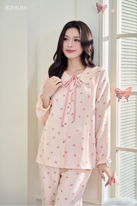 Pantalón de Dormir de Lino de Manga Larga B2 MUM B873 con Rayas de Corazón y Cuello con Volantes (Diseño de Pétalos de Loto), Suave y Ligero para Maternidad - Product Image 5