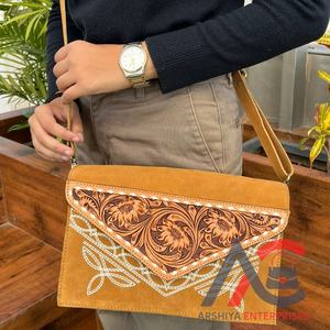 Luxury Personalized Hand Tooled Boot Stitch Genuine Suede Leather Women Handbags Fashion Trending Ready to Stock Crossbody Bag - Product Image 1