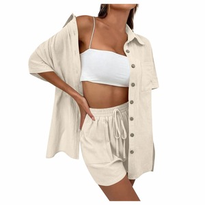 <b>Ladies</b> Solid Color Fashion Half-sleeved Shirt Top Button Tie Front Pocket Drawstring <b>Shorts</b> Sports <b>Casual</b> Regular Soft Set - Product Image 1