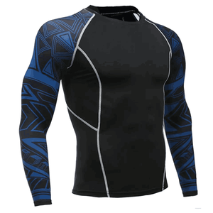 T-shirt de compression à manches longues pour homme, noir et bleu, imprimé géométrique, séchage rapide, pour MMA, BJJ, fitness et entraînement - Product Image 3