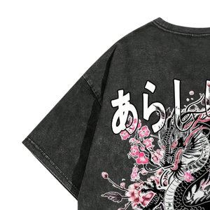 Vintage Washed Black <b>Dragon</b> Graphic T-<b>Shirt</b> Short Sleeve Crew Neck Japanese Style Casual Streetwear 100% Cotton 280 Grams - Product Image 4