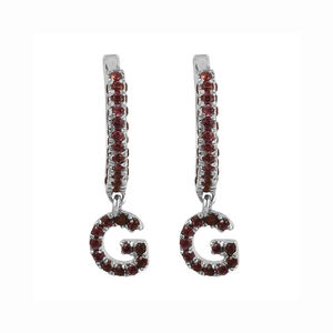 Boucles d'oreilles créoles élégantes pour femmes, rhodiées, argent sterling 925, grenat naturel, pierre précieuse, lettre G, cadeau pour anniversaire ou fête - Product Image 2