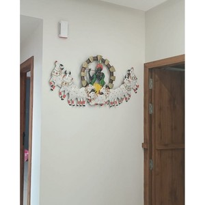 modern and luxury iron wall decor polished sculpture multicolor handmade handicraft cow with shree krishna led <b>light</b> - Product Image 4