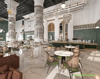 Aménagement intérieur de café Savy, ensemble de meubles de restaurant moderne, chaise de salle à manger en rotin personnalisée et table ronde en marbre