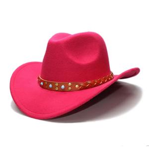 LUCKYLIANJI, sombrero de vaquero occidental de fieltro de lana para niños de talla única de 54cm con ala ancha ajustable y banda de cuero trenzado para vaquera - Product Image 5