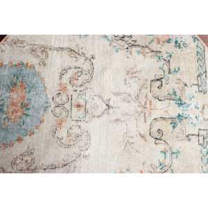 3.37x3.4 ft Vintage <b>Round</b> <b>Rug</b>, Blue <b>White</b> Turkish Camouflage Wool <b>Rug</b> - Product Image 4