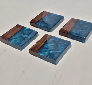 Modern Design Epoxy Resin And Wood <b>Coaster</b> Round matte <b>Blue</b> Color natural wood <b>coaster</b> handmade - Product Image 3