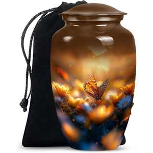 Urna Funeraria Golden Butterfly Meadow con Luz Cálida Decorativa y Bolsa de Terciopelo para Homenaje a Adultos - Product Image 1