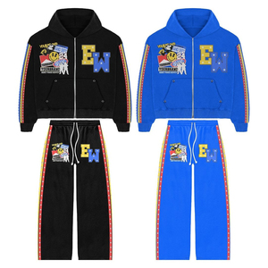 Streetwear survêtement personnalisé vintage délavé à l'acide pour hommes, sweat à capuche respirant à fermeture éclair et pantalon de survêtement évasé avec sérigraphie - Product Image 4