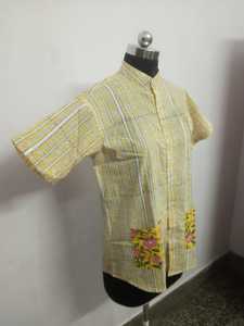 Beautiful Striped Pattern Hand Block Printed Cotton <b>Shirt</b> Pure Cotton <b>Summer</b> Wear with Short Sleeves <b>for</b> Parties - Product Image 5