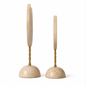 Ensemble de 2 sculptures abstraites circulaires en travertin de luxe avec support en or antique 12x7 pouces, décoration cadeau - Product Image 3
