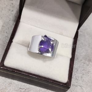 Joyería de piedra en bruto Anillo de mujer Piedra preciosa de amatista cruda natural Piedra natal de Febrero Joyería de piedra ancha vintage Anillo de plata esterlina 925 - Product Image 2