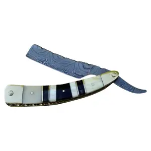 Navaja de Afeitar Recta Damasco Hecha a Mano con Mango de Hueso, Herramienta de Barbería para Uso Profesional y Personal - Product Image 1