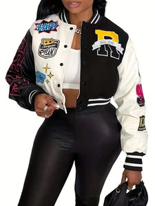 แจ็กเก็ตเบสบอลมหาวิทยาลัยสำหรับผู้ชายและผู้หญิงแจ็กเก็ตตัวแทนมหาวิทยาลัยแบบครอปโลโก้ด้านหน้า - Product Image 2