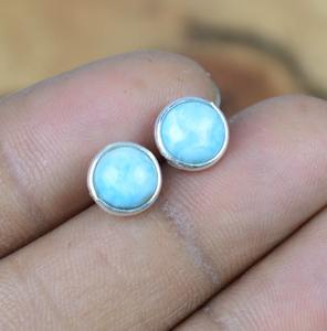 Pendientes de Botón Boho de Plata de Ley Chapados en Oro para Mujer con Piedra Preciosa de Larimar, Regalo de Boda Hecho a Mano de Moda - Product Image 5