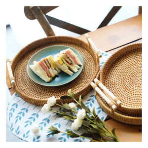 Cesta de pan redonda marrón suave hecha a mano caliente bandeja flotante de ratán tejida para té para servir cenas fiestas café desayuno - Product Image 1