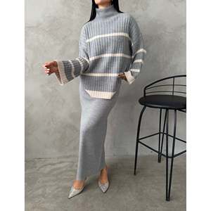 Conjunto de Dos Piezas Mybeefashion para Mujer: Suéter de Punto con Cuello Pescador y Falda - Atuendo Invernal Gris Acogedor, Talla Estándar - Product Image 3