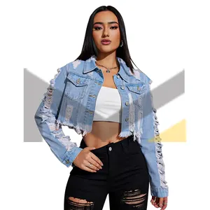 Womens Distressed Ripped Raw Hem Cropped Denim Jacket Fashion Street Style Breathable Trendy Cut-Outs Casual Denim Coat